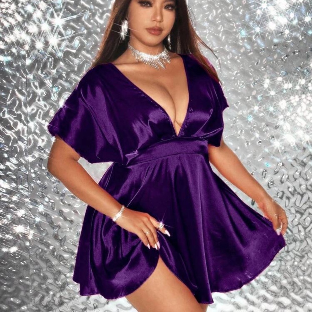 SHEIN Purple Satin Plunge V-Neck Mini Dress